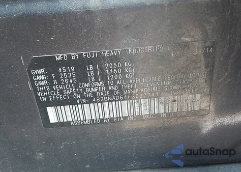 2015 Subaru Legacy 2.5I Premium из США, поврежденный, VIN 4S3BNAD64F3027241